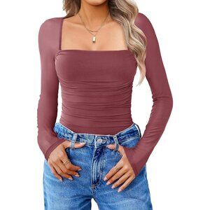 Women's Dark Purple Red Mesh Neck Long Sleeve Bodysuit Shirts Sexy Sheer Tops